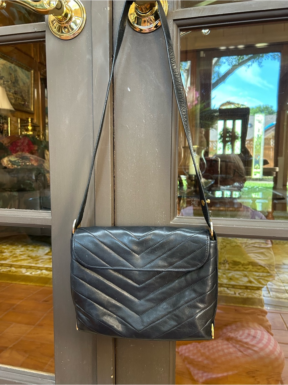 Neiman Marcus Vintage Black Quilted Chevron Shoulder Bag with Gold Accents